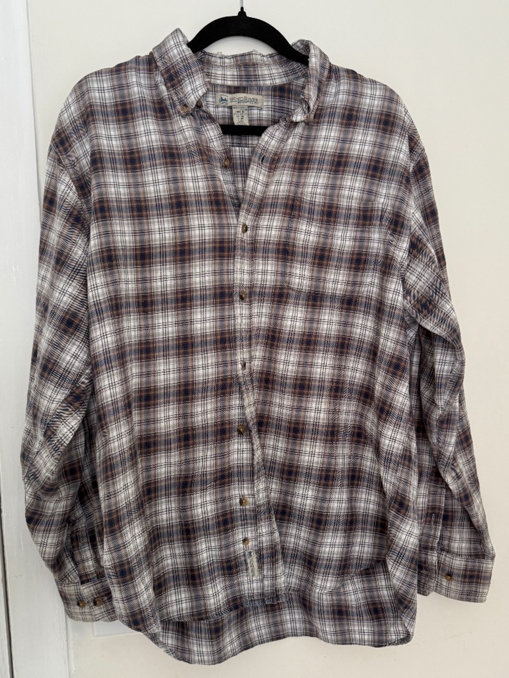 VINTAGE y2k WindRiver distressed plaid flannel shirt L brown navy